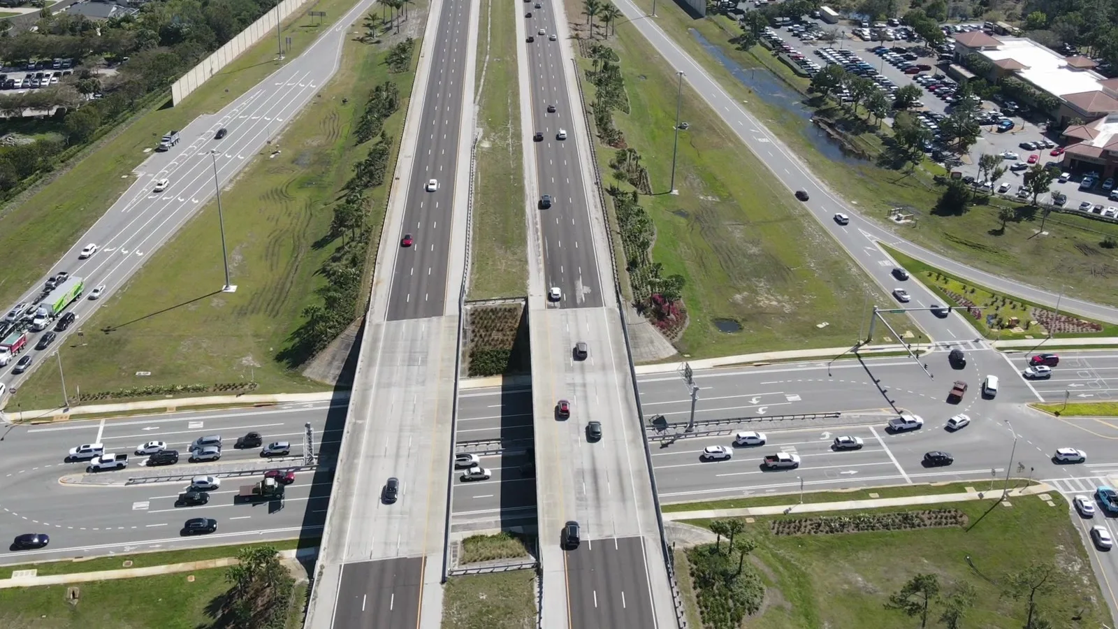 Aerial drone view of interstate traffic in Southwest Florida