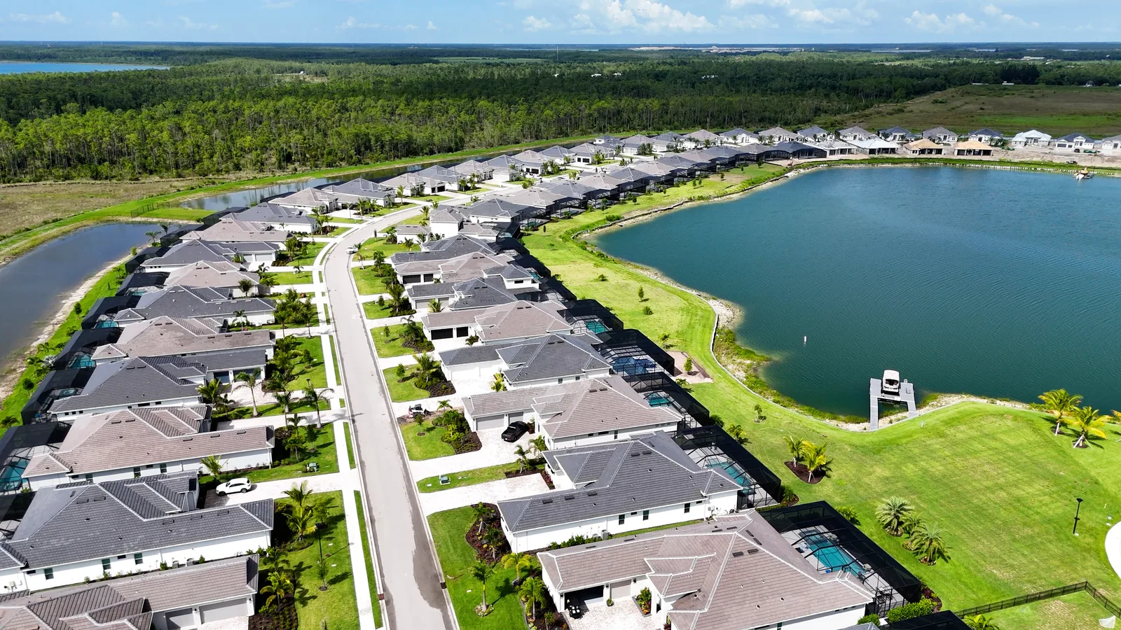 Aerial view of a luxury lakeside home community in Southwest Florida.